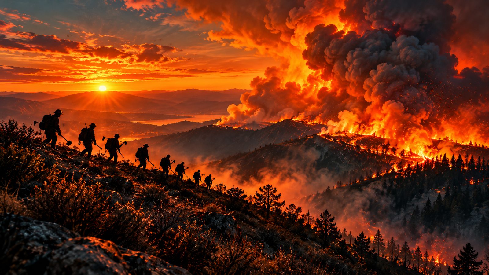 A hand crew in silhouette walks a ridgeline toward a towering smoke column at sunset