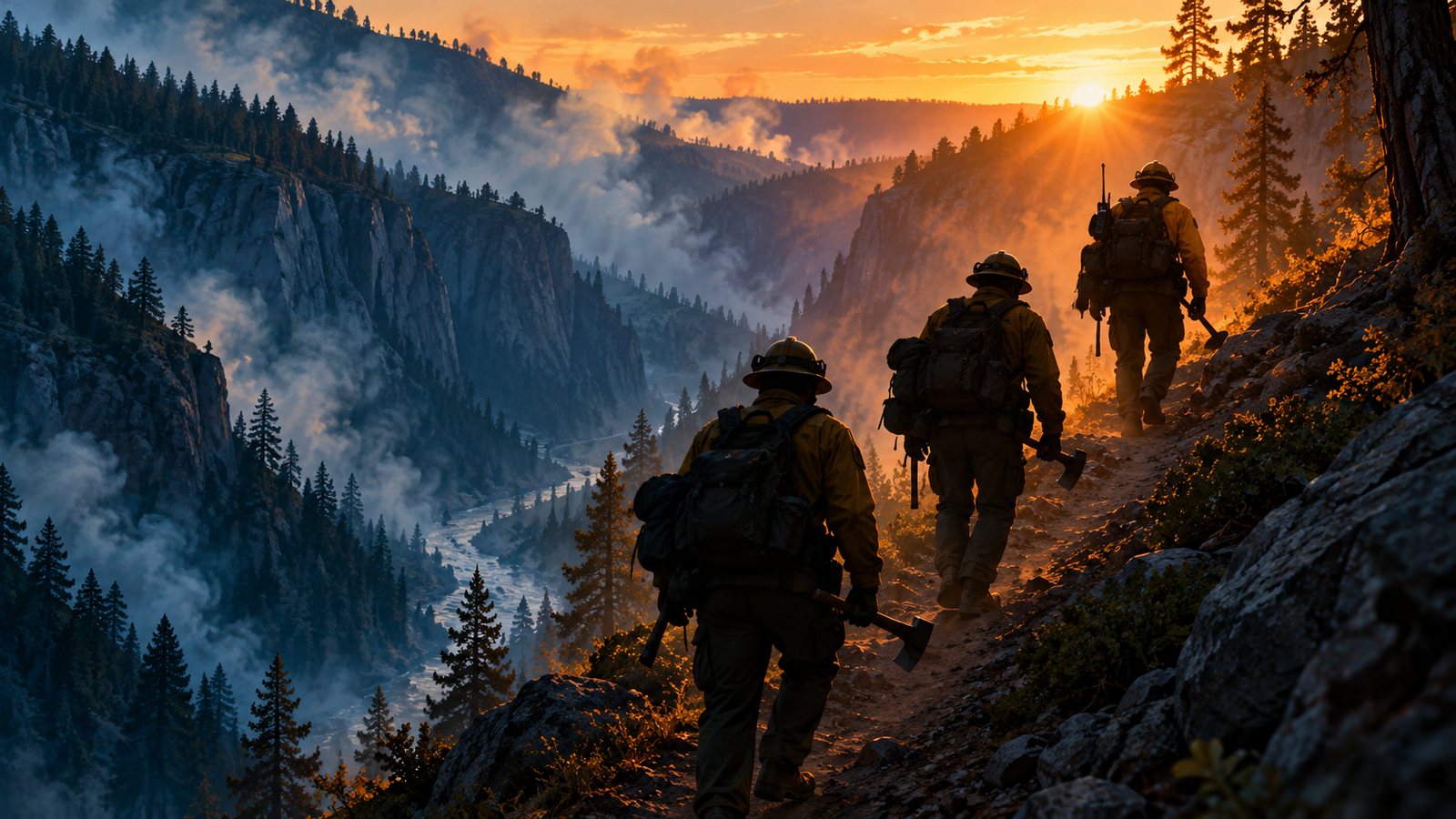 Three firefighters with packs and tools climb a canyon trail toward the sunrise as smoke fills the valley below