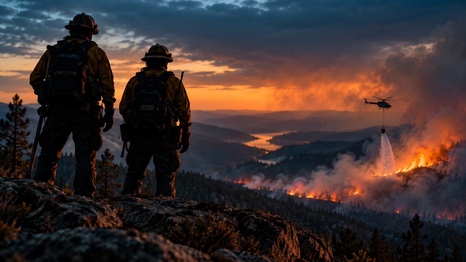 Two firefighters on a granite outcrop watch a helicopter drop water on a burning flank at dusk