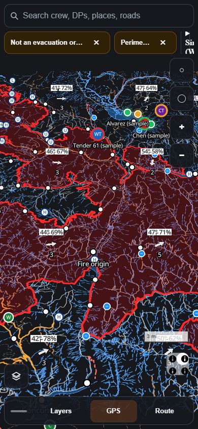 SpikeCamp tactical map on a phone: fire perimeter, roads, drop points, and crew positions